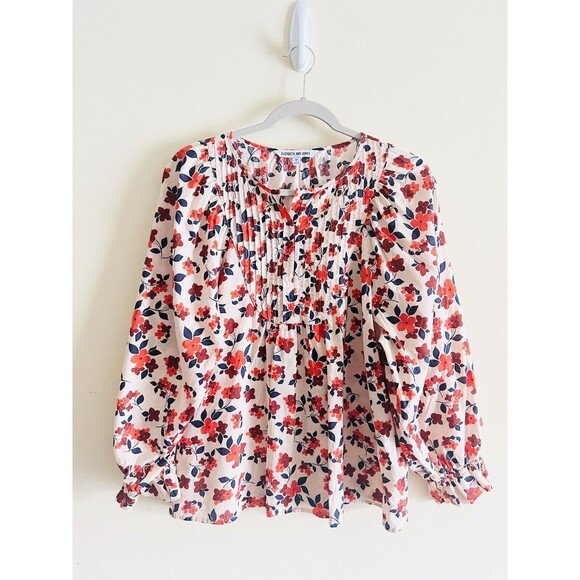Elizabeth and James Floral Medium Long Sleeve Pin‎ Tuck Smocked Top Blouse - Picture 1 of 3